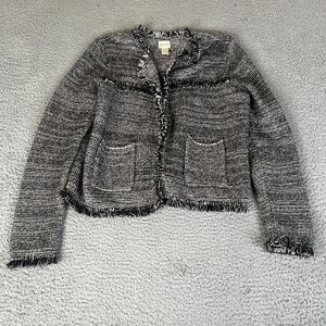 CHICO'S Jacket Women 1 M Black White Knit Gold Metallic Fringe Textured Pockets